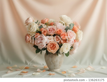 優雅的玫瑰花束和花瓣擺設 136263175