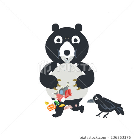一隻黑熊和一隻烏鴉在垃圾袋裡遊蕩的插圖 | 警示：注意動物破壞 136263376