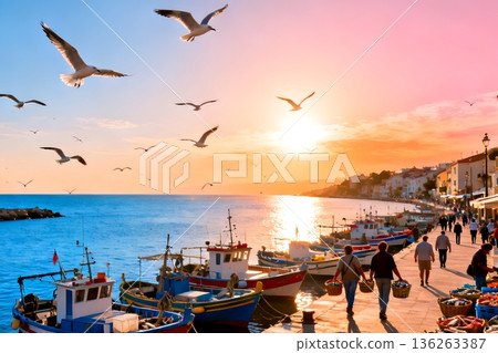 Colorful fishing boats dock in a lively harbor at sunset, with seagulls flying and warm reflections on calm water Colorful fishing boats dock in a lively harbor at sunset, with seagulls flying and warm reflections on calm water 136263387