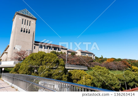 View of Tokyo Metropolitan University from the footbridge on Yunoki Route 812. Minami-Osawa, Hachioji City, Tokyo 136263414