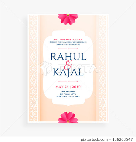 stylish and unique indian wedding greeting card template with flower design 136263547