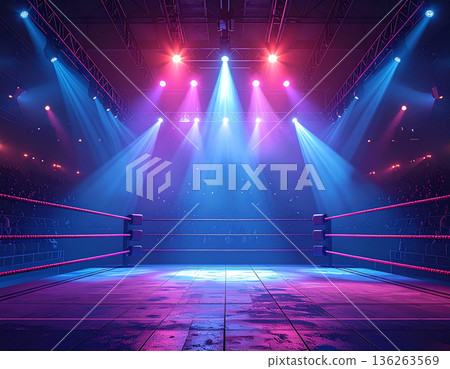 一束聚光燈照亮了激動人心的職業摔角比賽場地。 136263569