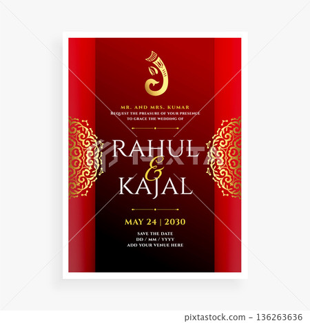 traditional indian wedding card template with golden ganesha design traditional indian wedding card template with golden ganesha design 136263636
