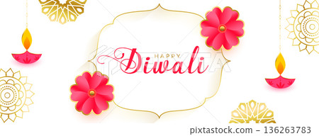 elegant happy diwali wishes banner with diya and floral decor elegant happy diwali wishes banner with diya and floral decor 136263783