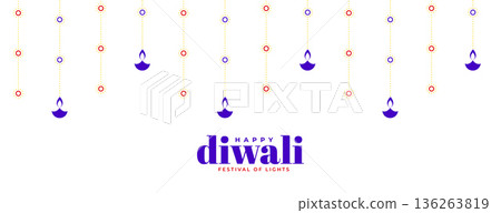 happy diwali greeting white banner with hanging diya 136263819