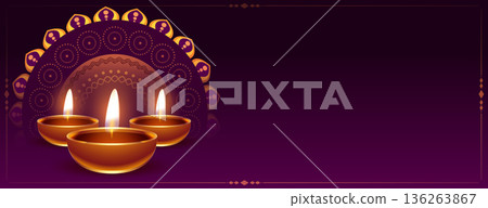 glowing oil diya diwali greeting purple banner with text space 136263867
