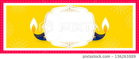 artistic diya happy diwali yellow banner with text space 136263889