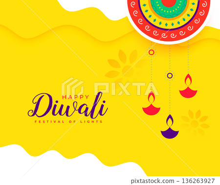 decorative shubh diwali festive yellow background with hanging diya decorative shubh diwali festive yellow background with hanging diya 136263927