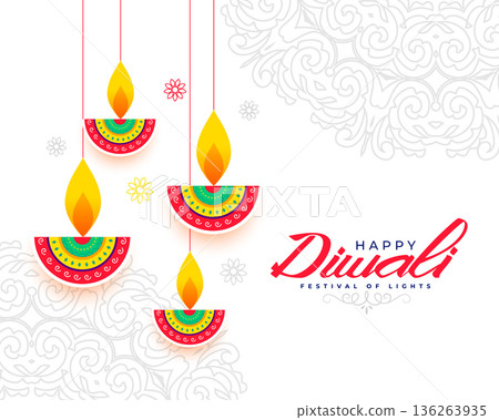 happy diwali festive white background. artistic hanging diya design 136263935