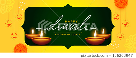 happy diwali religious yellow banner with glowing diya 136263947