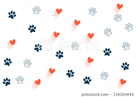 cute paw feet and heart pattern on white background 136264048