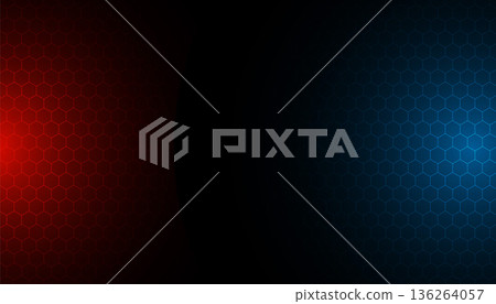 hexagonal pattern on dark background with red blue glowing lights hexagonal pattern on dark background with red blue glowing lights 136264057