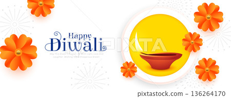 decorative happy diwali greeting banner with diya 136264170