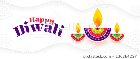 happy diwali greeting white banner with artistic diya design 136264257