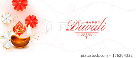 happy diwali festive white banner with oil lamp and flower happy diwali festive white banner with oil lamp and flower 136264322