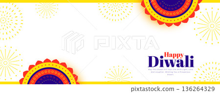 happy diwali festive white banner with rangoli and firework 136264329