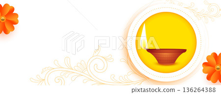 glowing diwali diya white banner with text space 136264388