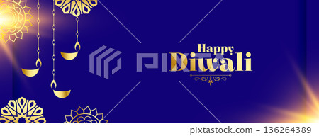 happy diwali festive purple golden banner with light effect 136264389