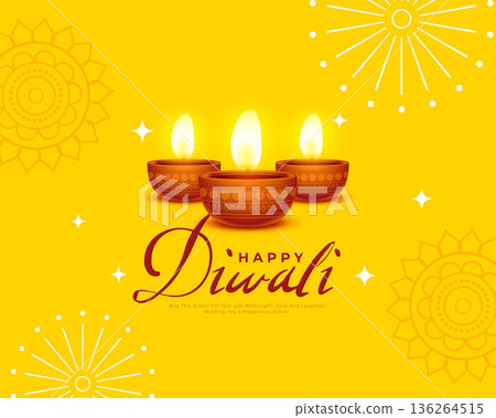 happy diwali 2024 celebration yellow background with three realistic diya happy diwali 2024 celebration yellow background with three realistic diya 136264515