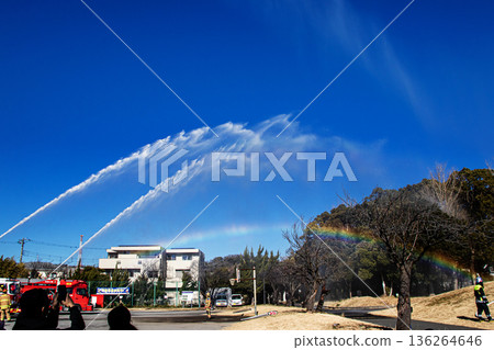 在新年慶典上，消防員們同時向藍天進行水柱噴射訓練。 136264646