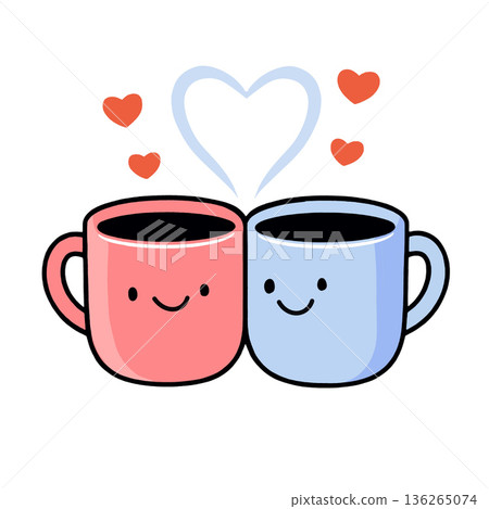 Cute pink and blue coffee cup with smiling faces, heart shape, love, and happiness 136265074