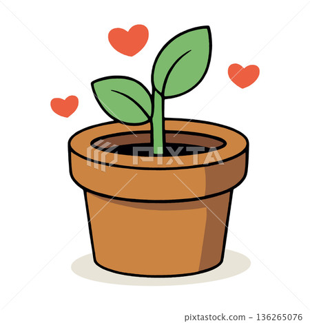 Young plant green leaf brown pot cartoon style love heart growth happiness Young plant green leaf brown pot cartoon style love heart growth happiness 136265076