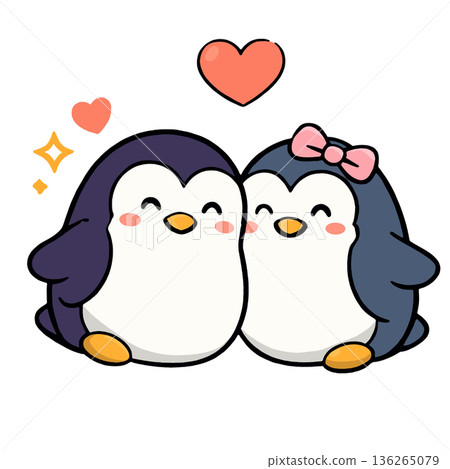 Cute penguin couple cartoon love heart happy bow adorable together white background Cute penguin couple cartoon love heart happy bow adorable together white background 136265079
