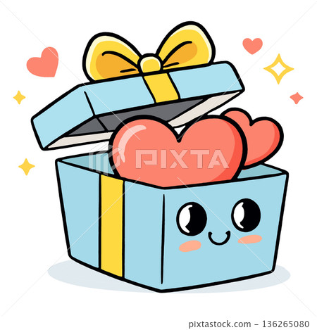 Cute blue gift box with yellow ribbon, smiling face, two red hearts, cheerful, cartoon style Cute blue gift box with yellow ribbon, smiling face, two red hearts, cheerful, cartoon style 136265080