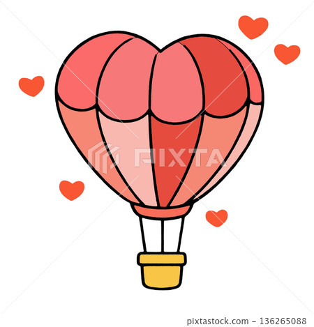 Heart shaped hot air balloon, red pink romantic illustration, floating with love hearts Heart shaped hot air balloon, red pink romantic illustration, floating with love hearts 136265088