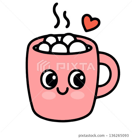 Pink mug marshmallow cute face heart steam kawaii cartoon happy Pink mug marshmallow cute face heart steam kawaii cartoon happy 136265093