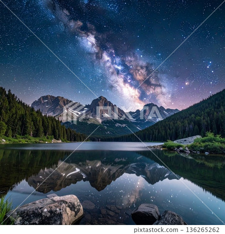 [AI-generated image] The world's natural wonders: the Milky Way reflected on the lake surface 136265262