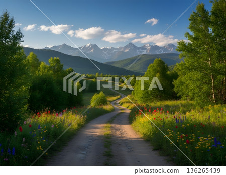 美麗的山巒和花田景色 136265439