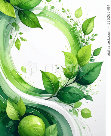 Vivid fresh green leaf frame and white background text space material 136265494
