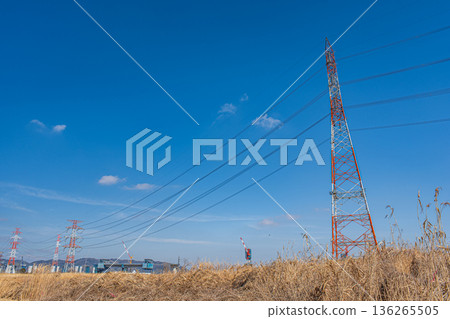 Power line tower standing on the right bank of the Yodo River, Takatsuki City, Osaka Prefecture 136265505
