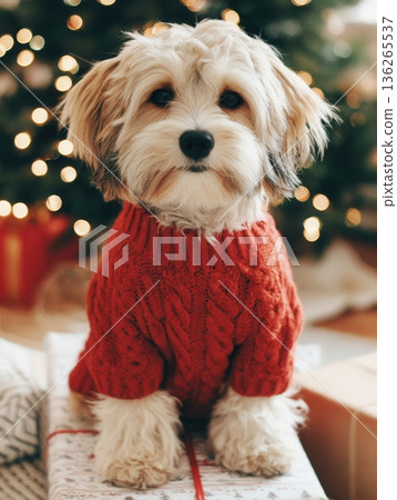 A small dog wearing a red knitted Christmas sweater sitting on a gift-wrapped box, twinkling festive lights in the background, cozy indoor setting, bokeh glow, holiday mood, ultra-clean pet 136265537