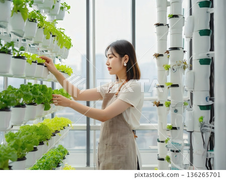 A woman harvests leafy greens in a bright indoor vertical garden. Natural daylight and lush greenery create a fresh and sustainable lifestyle scene. 136265701