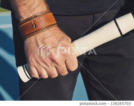 This image features a close up of a player holding a pickleball paddle handle. The wristband and paddle grip are sharply detailed. The mood feels prepared and concentrated. 136265703