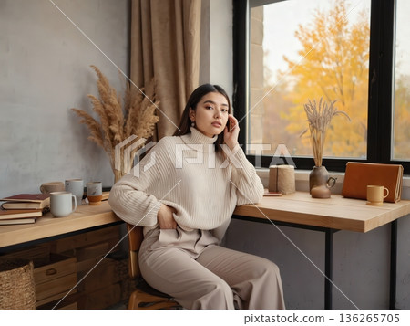 A woman sits at a wooden desk beside a large window showing autumn foliage. Warm natural light fills the room with soft neutral tones. The scene feels cozy, thoughtful, and calm. 136265705