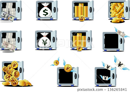 Safe and various money, savings, investment and asset management concept illustration set Safe and various money, savings, investment and asset management concept illustration set 136265841