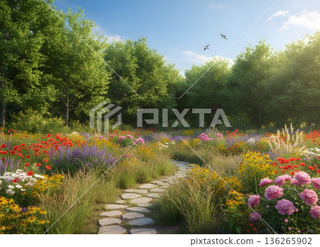 A beautiful walking path filled with colorful flowers 136265902
