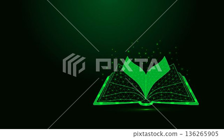 Glowing green low poly open book wireframe on dark  background. 136265905