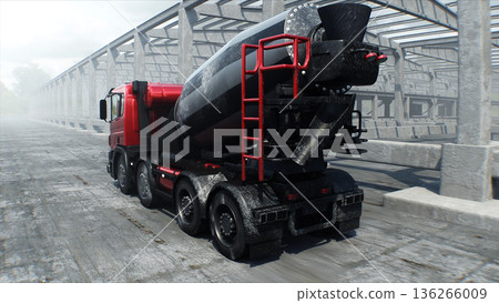 Concrete mixer truck on construction. driving. Building and transport concept. 3d rendering. 136266009