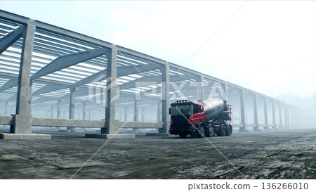 Concrete mixer truck on construction. driving. Building and transport concept. 3d rendering. Concrete mixer truck on construction. driving. Building and transport concept. 3d rendering. 136266010