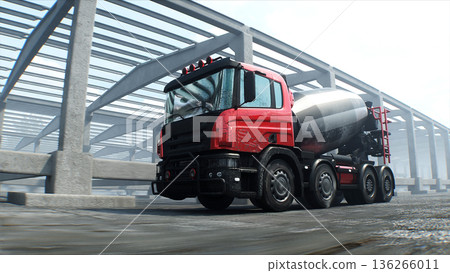 Concrete mixer truck on construction. driving. Building and transport concept. 3d rendering. 136266011