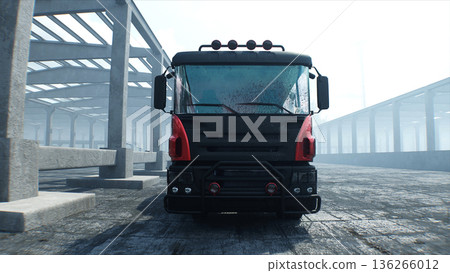 Concrete mixer truck on construction. driving. Building and transport concept. 3d rendering. 136266012