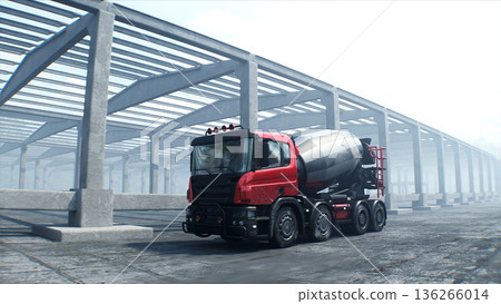 Concrete mixer truck on construction. driving. Building and transport concept. 3d rendering. Concrete mixer truck on construction. driving. Building and transport concept. 3d rendering. 136266014