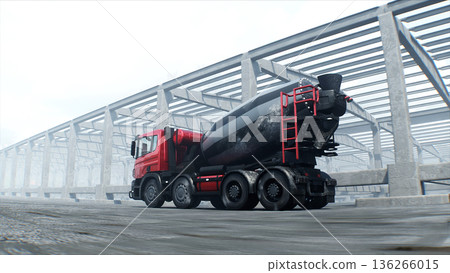 Concrete mixer truck on construction. driving. Building and transport concept. 3d rendering. 136266015