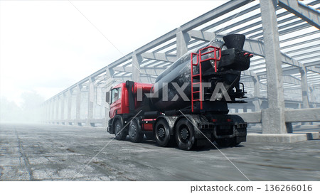 Concrete mixer truck on construction. driving. Building and transport concept. 3d rendering. 136266016