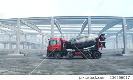 Concrete mixer truck on construction. driving. Building and transport concept. 3d rendering. Concrete mixer truck on construction. driving. Building and transport concept. 3d rendering. 136266017