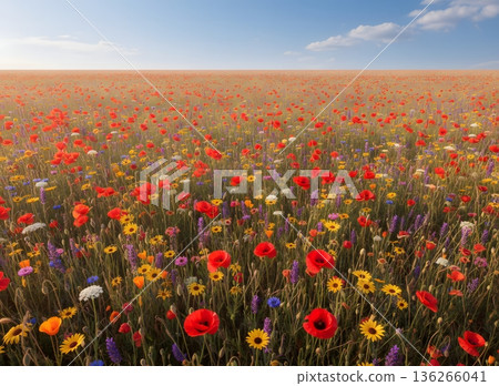 五彩繽紛的花田與藍色的天空景色 136266041